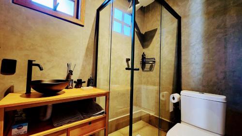 a bathroom with a glass shower and a toilet at SPA BOA VISTA - Refugio in Itatiba