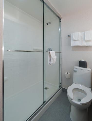 a bathroom with a toilet and a glass shower at Holiday Inn Laval Montreal by IHG in Laval