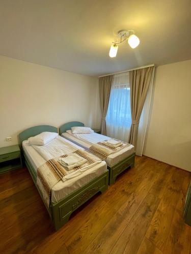 a bedroom with two beds and a window at Green Mountain Resort in Scrind-Frăsinet