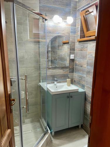 a bathroom with a sink and a shower at Green Mountain Resort in Scrind-Frăsinet