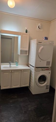 a bathroom with a washing machine and a sink at Solbakken 27 Apartment in Lyngseidet
