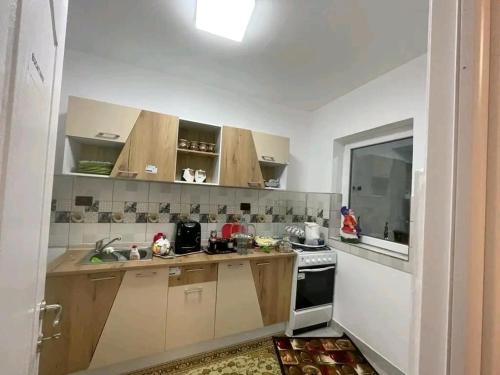 a small kitchen with a sink and a stove at Camping La Ozan in Petreştii de Jos