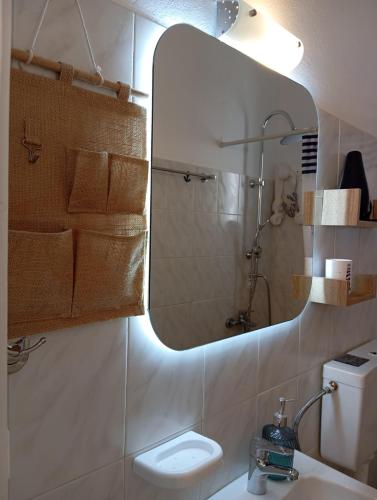 a bathroom with a mirror and a sink and a shower at Konstantinos in Chorto