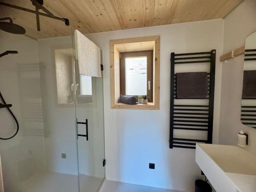 a bathroom with a shower and a sink and a mirror at SeeLaVie - Tiny Houses am Mattsee in Mattsee