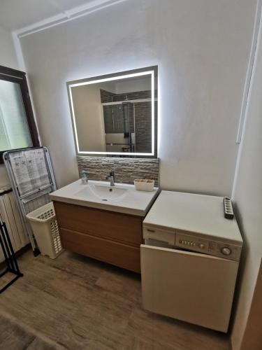 a bathroom with a sink and a mirror at Le Chant des Grenouilles in Itteville