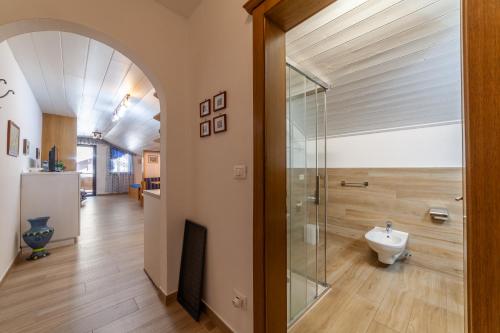 a bathroom with a glass shower and a sink at Alpina Residence in Solda