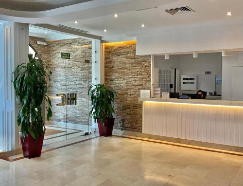 a lobby with two potted plants and a counter at Hotel Castilla Torrijos in Torrijos