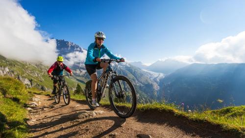 Dos personas montando bicicletas en un sendero de montaña en Arnika, en Blatten bei Naters