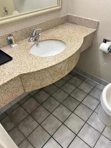 a bathroom with a sink and a toilet at UNIVERSITY INN Winston in Winston-Salem