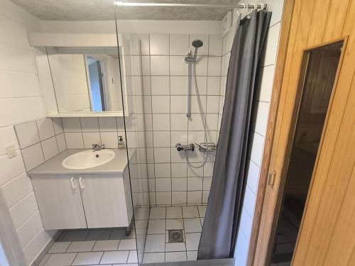 ein Badezimmer mit Dusche und Waschbecken in der Unterkunft Læsø Efterskole in Læsø