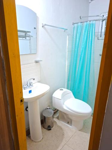 a bathroom with a toilet and a sink and a shower at Hotel Casa Pueblo in Ocú