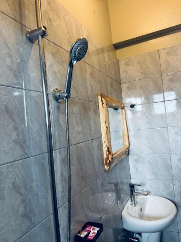 a bathroom with a shower and a sink at Woodland villa in Arusha