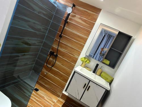 a bathroom with a shower and a sink and a mirror at Onyx luxury rd in La Romana