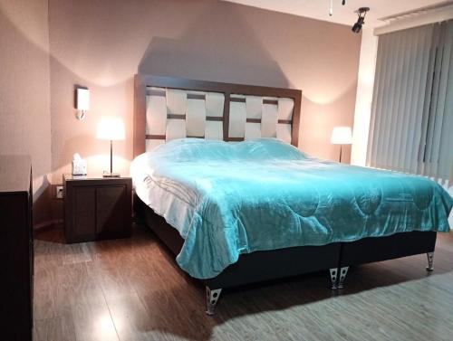 a bedroom with a large bed with a blue comforter at Casa en altos colonia lomas SLP in San Luis Potosí