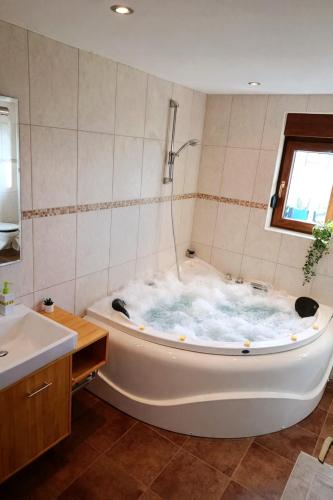 a white bath tub in a bathroom with a sink at R&G Serenity Apartment in Ližnjan
