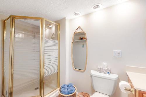 a bathroom with a shower and a toilet and a sink at Nubble's Perch in York