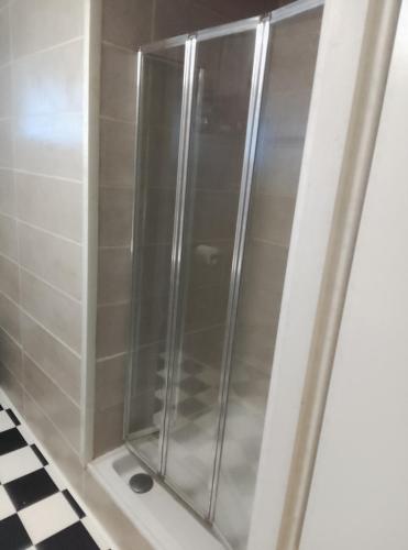 a shower with a glass door in a bathroom at Quatre Saisons Été in Bergerac