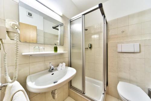a bathroom with a sink and a shower and a toilet at Hotel Garni Katnau in Schenna