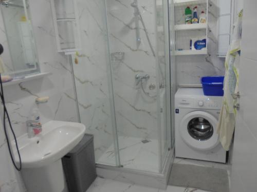a bathroom with a shower and a sink and a washing machine at bayern12 in Tbilisi City