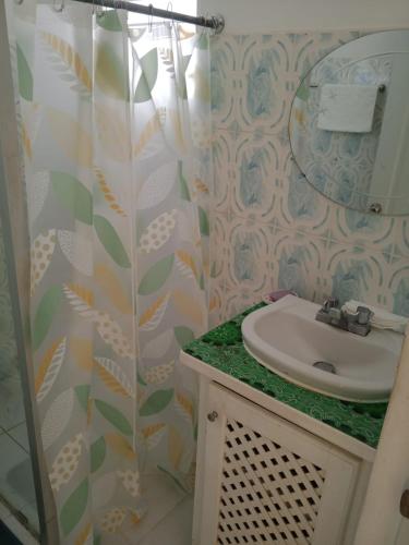 a bathroom with a sink and a shower curtain at MK apartment in Las Terrenas