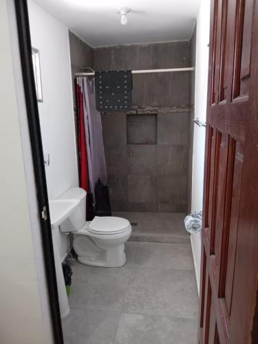 a small bathroom with a toilet and a shower at SN2 Loft for 2 people, private bathroom in Monterrey