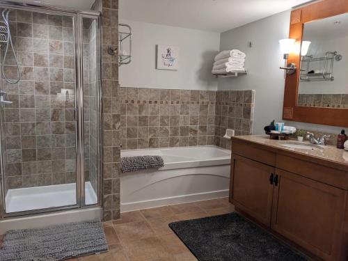 a bathroom with a tub and a shower and a sink at All New Chic Ski inout King bed in Vernon Township