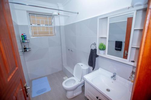 a bathroom with a toilet and a sink and a mirror at The Prestige Hub Residences in Eldoret