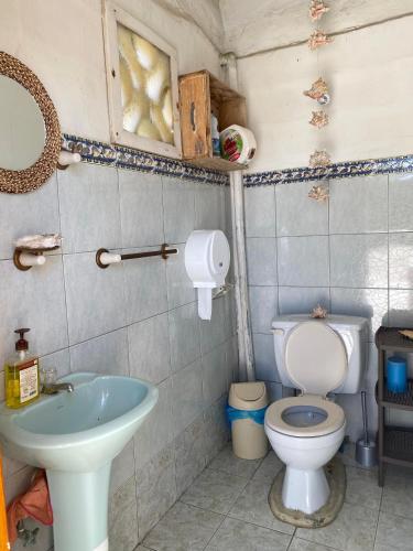 a bathroom with a toilet and a sink at Mi bohío in Monteverde