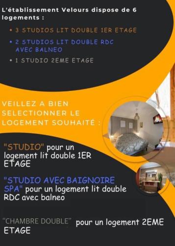 a flyer for a bedroom with a bed at Velours & Balnéo in Saint-Nazaire