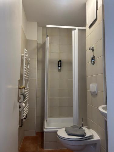 a bathroom with a shower with a toilet and a sink at Villa Waldblick Baabe in Baabe