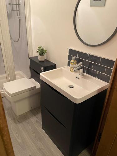a bathroom with a sink and a toilet and a mirror at Alexandra Apartment - stunning view in Oban