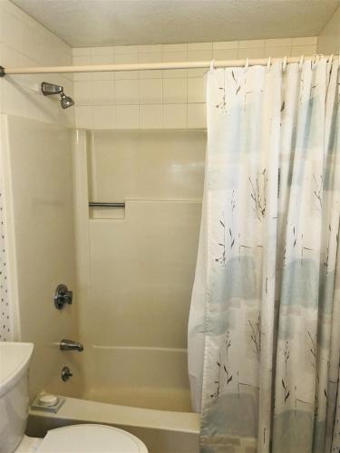 a bathroom with a shower curtain and a toilet at Great Hill in Kennebunk