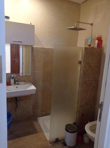 a bathroom with a sink and a toilet and a mirror at Villa Catalpas in Taroudant