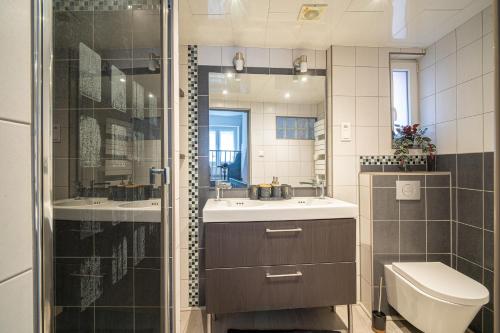 a bathroom with a sink and a toilet and a mirror at SBredele - Maison de ville cosy - hypercentre in Sélestat