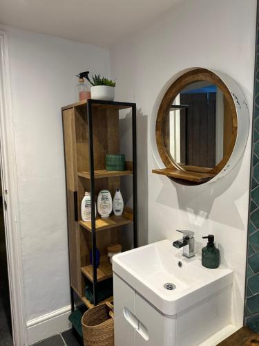 a bathroom with a white sink and a mirror at Gorgeous Henrietta in Exmouth