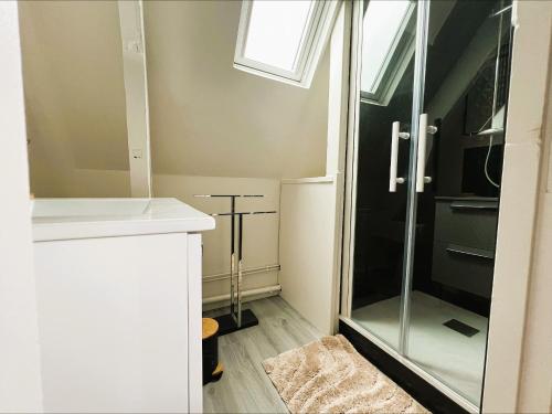 a bathroom with a glass shower and a window at Villa Margil in Le Tréport