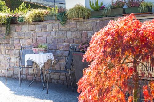 a table and chairs next to a brick wall with plants at Hotel Garni Katnau in Schenna