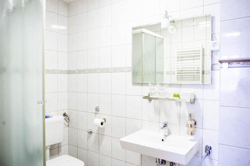 a bathroom with a sink and a toilet and a mirror at Rooms Ikar in Velika Gorica