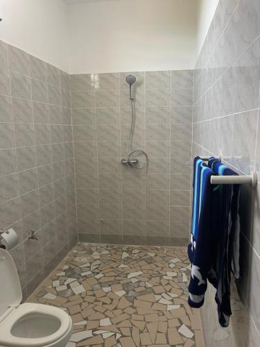 a bathroom with a toilet and a shower at Auberge Andel Diabou SARR in Palmarin