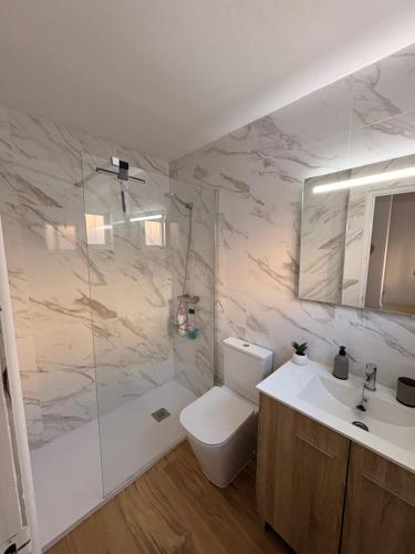 a bathroom with a toilet and a sink and a shower at Apartamento Casa Quiles in Losa del Obispo