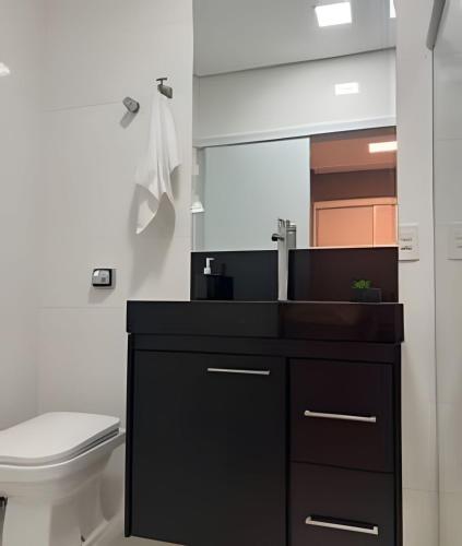 a bathroom with a sink and a toilet and a mirror at Hospedaria Santo Descanso (Edícula) in Uberlândia