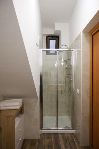 a bathroom with a glass shower in the attic at Casa Vacanze Dolce Angelo in Sutri