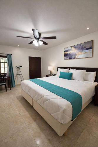 a bedroom with a large bed with a ceiling fan at HOTEL LARIMAR - Valle de Guadalupe in Dinuva