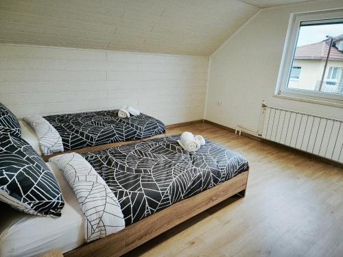 two beds in a room with a window at DAI Apartment in Maribor