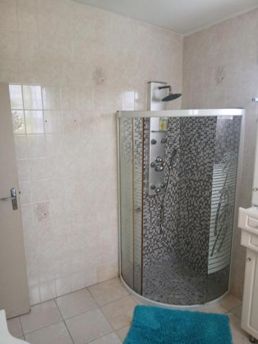 a shower in a bathroom with a blue rug at Haut de Villa Manguier in Petit-Bourg