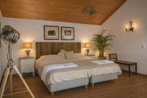 a bedroom with a large bed and a fan at Suite no campo in Cercal