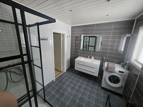 a bathroom with a toilet and a sink and a mirror at HOL Familie Hous in Hol