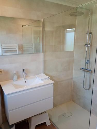 a bathroom with a sink and a shower at Family Bungalow De Strandjutter 8 people in Middelkerke