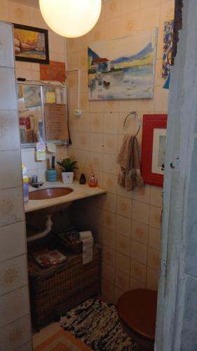 a small bathroom with a sink and a toilet at Espaço Nabucodonosor in Recife