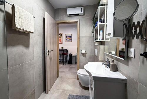 a bathroom with a toilet and a sink and a mirror at Apartman Mali Muk 2, self check in in Karlovac